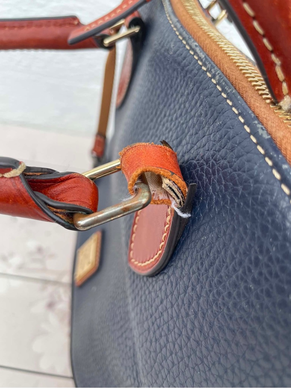 Dooney & Bourke Navy Pebble Leather Satchel with Brown Trim and Strap - Picture 7 of 14